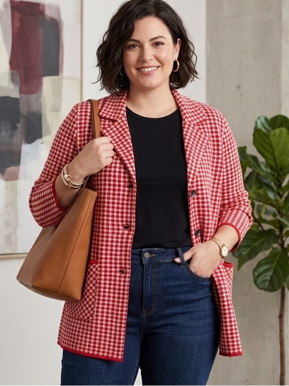 CAbi Red White Houndstooth Button Down Knit Cardigan Blazer Jacket Size L